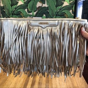 Rebecca Minkoff gold leather fringe clutch